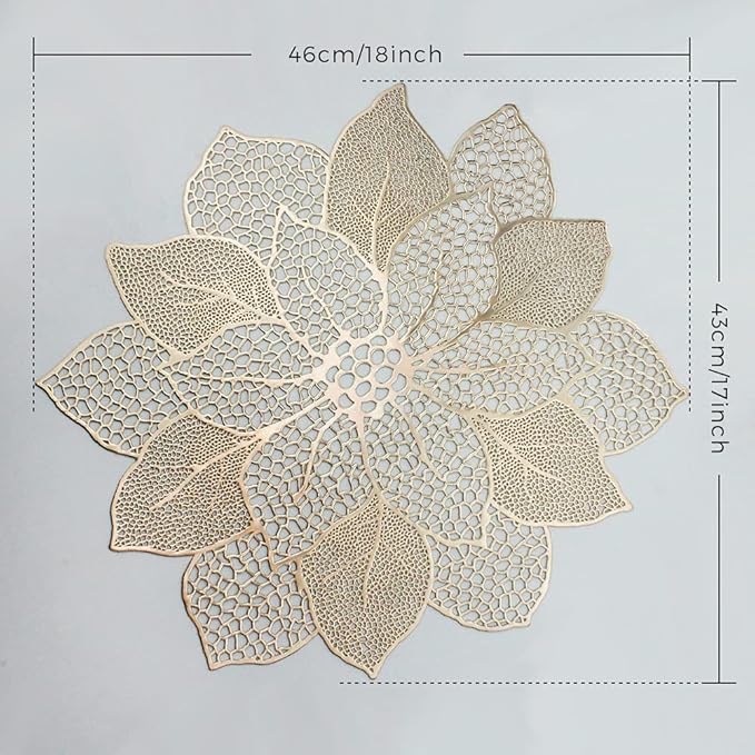 Gold Round Placemats for Dining Table Set of 6 Pressed Vinyl Metallic Table Mats Hollow Out Hibiscus Flower Place Mats for Dinner Decor Holiday Wedding Accent Centerpiece