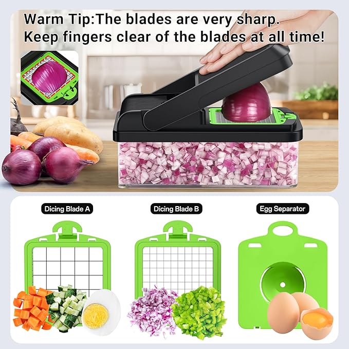 SpaceHacks 15-in-1 Vegetable Chopper, Kitchen Gadgets with 10 Blades, Veggie, Food, Onion Chopper, Cucumber Slicer, Versatile Mandoline, Includes Egg Separator & Finger Guard, Green