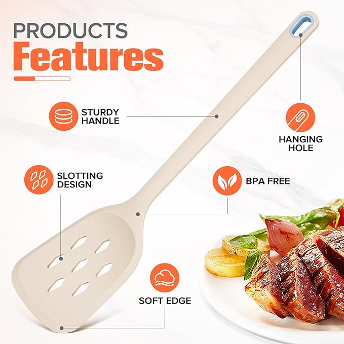 Silicone Cooking Spatula&Slotted Spatulas, Pack of 2,Solid Turner Kitchen Utensils Set for Cooking,Frying, Baking, Flipping, Turning,Heat Resistant 450℉ (KHAKI)