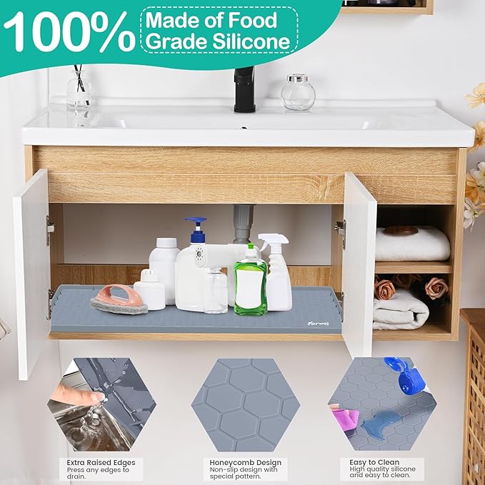 Waterproof Under Sink Mat 28" x 22", Silicone Cabinet Liner, Rubber Protector for Kitchen and Bathroom, Keeps Cabinets Clean, Dry, and Organized (Grey)