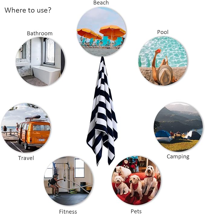 LULUHOME Large Oversized Beach Towel - Big Cotton 36 x 70 Inch Striped Pool Towel, Large Cabana Soft Swimming Towel for Adult Men Women,Navy Blue