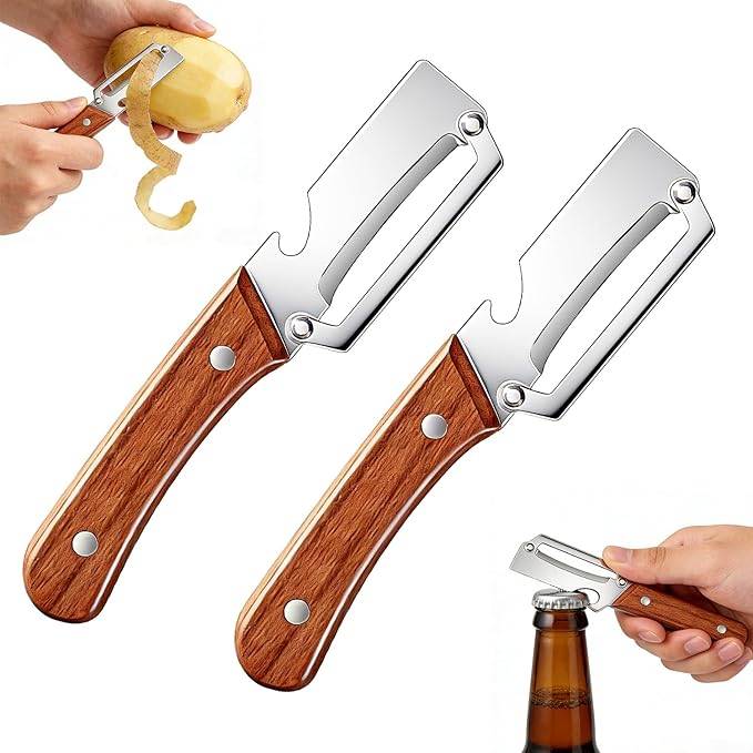 Multifunctional Vegetable Peeler, 2-in-1 Stainless Steel Fruit and Vegetable Peeler with Wooden Handle & Bottle Opener, Potato Peeler for Kitchen (2 PCS)