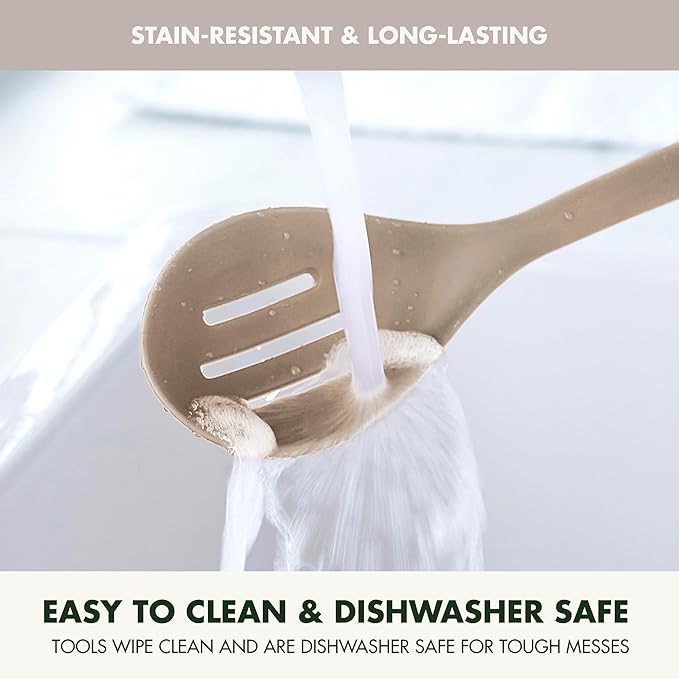 GreenPan Silicone Slotted Spoon, Cooking Kitchen Utensil, Mixing Stirring Serving, Flexible Rubber Nonstick Cookware, Rigid Steel Core Heat-Resistant, Anti-Slip Handle, BPA-Free Dishwasher Safe, Taupe