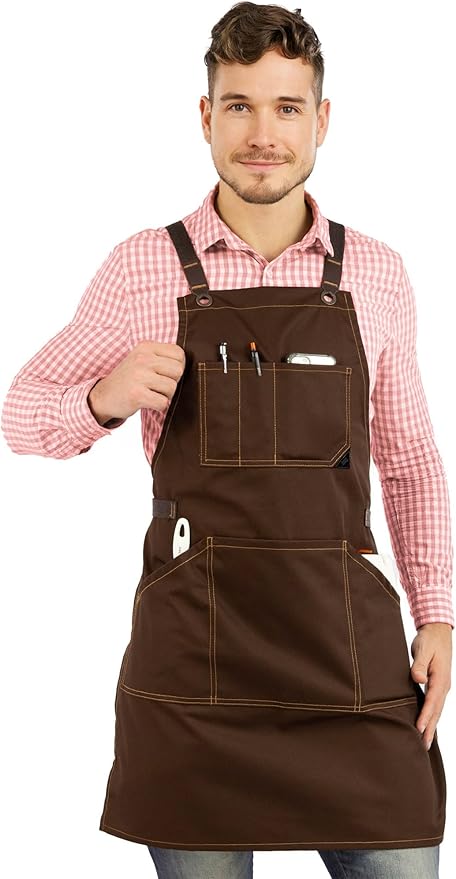 Under NY Sky Essential Chocolate Brown Apron – Cross-Back with Durable Twill and Leather Reinforcement, Adjustable for Men and Women – Pro Chef, Tattoo Artist, Baker, Barista, Bartender, Server Aprons