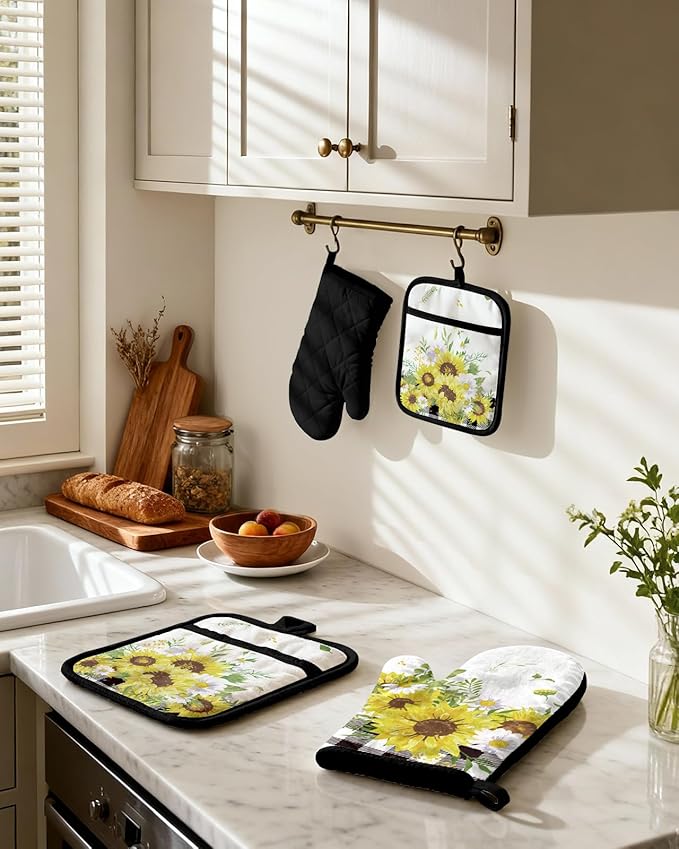 Miss Adola Cotton Oven Mitts and Pot Holders Sets - Quilted Lining Heat Resistant 4 Pieces Set with Hanging Loop Cute Farmhouse Boho Spring Kitchen Decor and Accessories, Plaid Sunflower