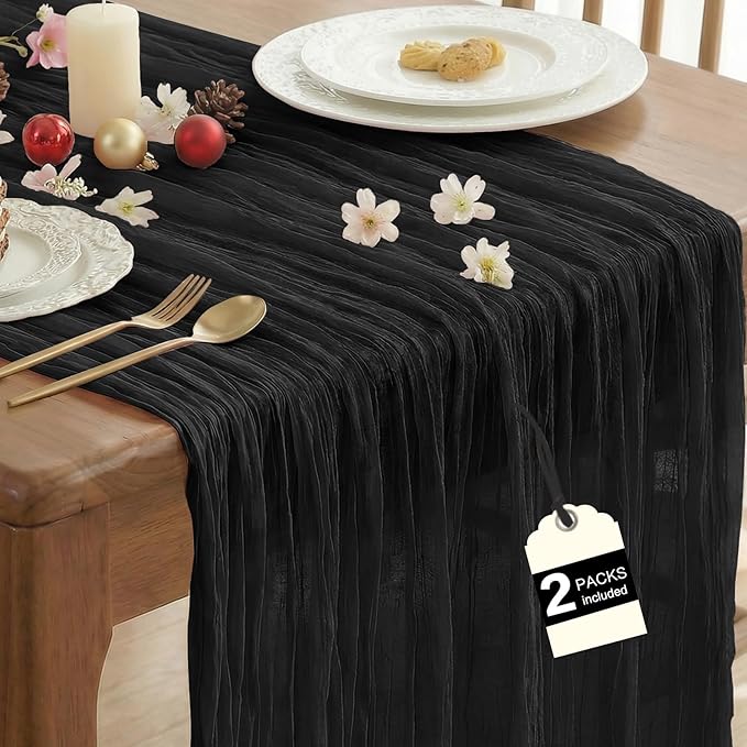 IVAPUPU 2 Pcs Cheesecloth Table Runner - 10ft Black Spring Boho Gauze Black Cheese Cloth Table Runners for Indoor Baby Shower Decorations Wedding Party Garden Decor
