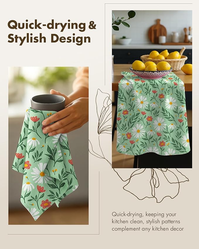Miss Adola Flour Sack Kitchen Towels - Set of 2 Cotton Dish Towels with Hanging Loop Decorative 18x26 Inch Absorbent Cute Design for Housewarming Gifts, Green Daisy