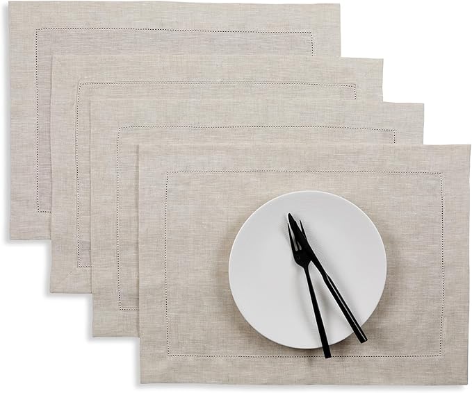 Solino Home Linen Placemats Set of 4 - Classic Hemstitch Light Natural Placemats 14 x 19 Inch - 100% Pure Linen Table Mats for Spring, Summer, Mothers Day