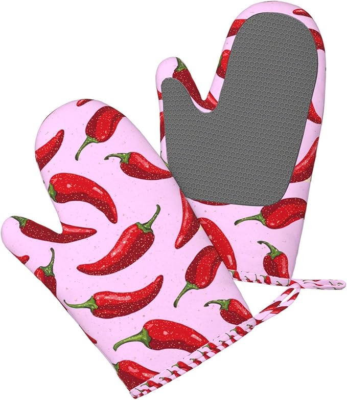 Peppers Silicone Oven Mitts Set of 2, Heat Resistant up to 500°F, Kitchen Oven Gloves with Non-Slip Grip and Soft Cotton Lining for Baking, Cooking and BBQ