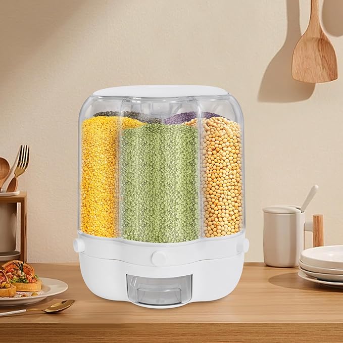 6 Grids Grain Dispenser Can, 360°Rotating Cereal Rice & Grain Storage Container Large Rotating Food Dispenser Sealed Grain Food Storage Bucket with Lid for Kitchen Grains Rice Beans (27.56Lbs White)