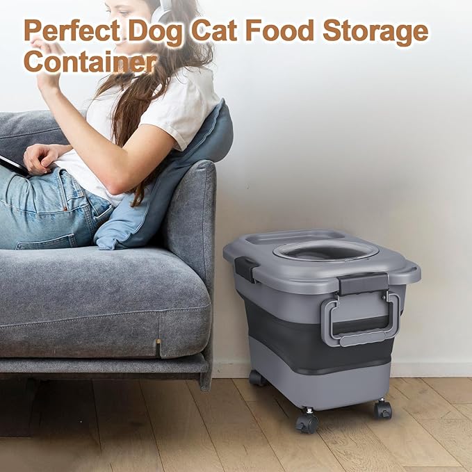 Dog Food Storage Container, 10-20 lbs Airtight Collapsible Cat Food Storage Container with Attachable Wheels, Portable Handle, Dog Food Scoop for Dog Cat Bird Pet Dry Food Storage Bin Dark Grey