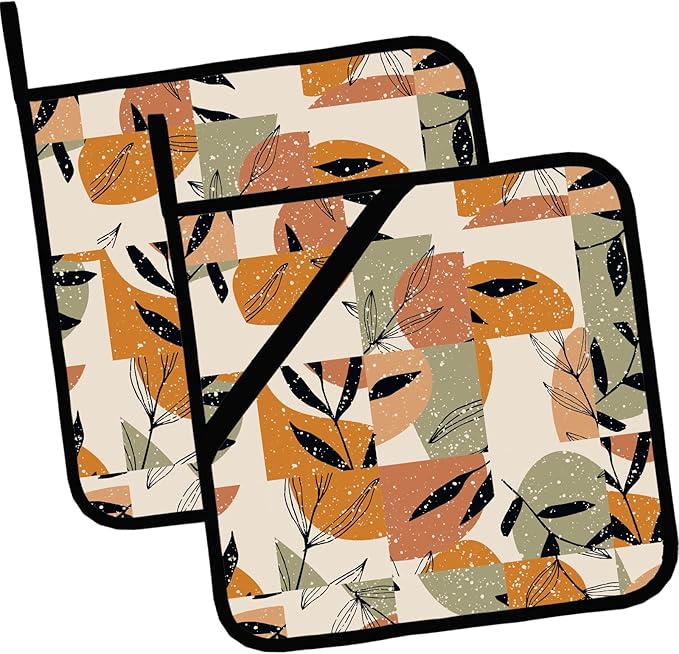 Pot Holders Set of 2 Heat Resistant & Non Slip Potholders,Boho Abstract Tropical Leaves Symbol Oven Hot Pads for Kitchen Cooking Baking Barbecue and Gifts for Women