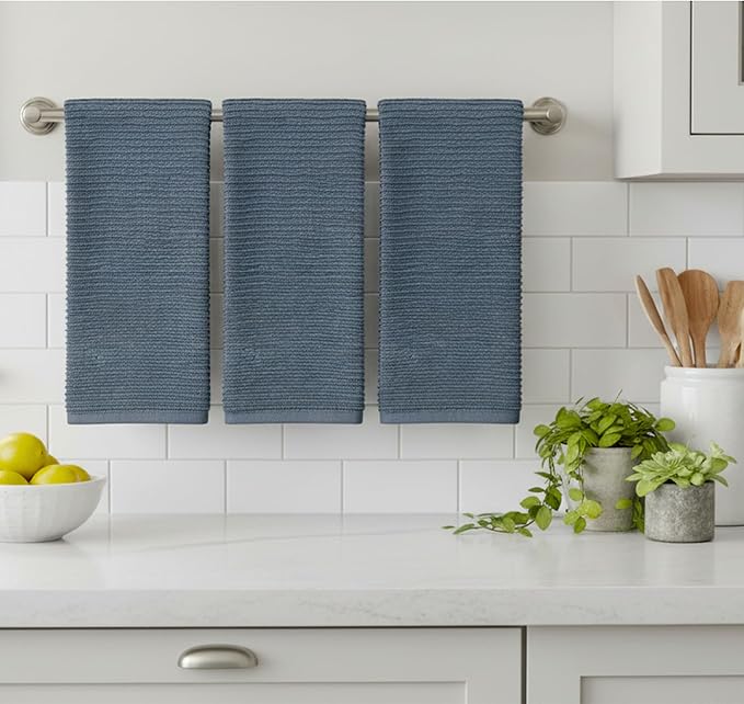 Serafina Home Slate Blue Gray Grey Kitchen Hand Dish Towels: Oversized 28" x 18", 100% Cotton Cloth Soft Cleaning Drying Absorbent Ribbed Design, Set of 3 Multipurpose for Everyday Use