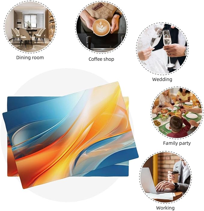 Blue and Orange Abstract Fluid Linen Placemats Set of 4, Non-Slip Heat-Resistant Modern Boho Burnt Orange Yellow and Blue Kitchen Table Mats for Dining Table, Kitchen, Coffee Shop, Modern Home Decor