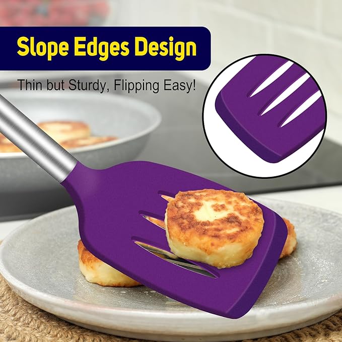 HOTEC Silicone Spatula Set of 2 Heat-Resistant 600°F & BPA-Free Kitchen SaptulaTurner with Stainless Steel Handles, Slotted & Solid Spatulas for Nonstick Cookware, 13.7 Inch, Purple