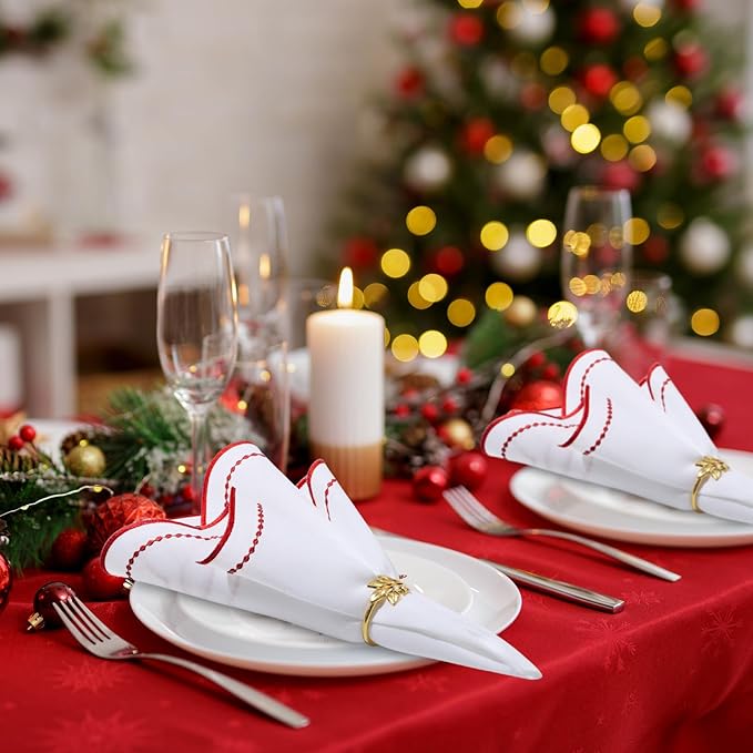 Hahafelt Cloth Napkins 18x18inches Scalloped Embroidery Cloth Napkins Washable Polyester Table Dinner for Hotel Restaurant Weddings Events Parties (Red,12 Set)