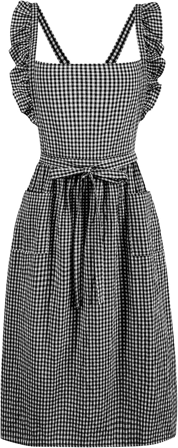 Vintage Gingham Apron for Women, Ruffle Straps, 2 Pockets, Soft Cotton, Apron Dress Style for Cooking & Baking