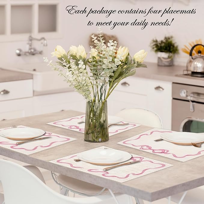 Pink Bow Linen Placemats Set of 4, Wedding Waterproof Washable Heat Resistant Place Mats 12x18 Inch, Table Mat for Restaurant Outdoor Indoor Home Kitchen Party Dining Decoration-10