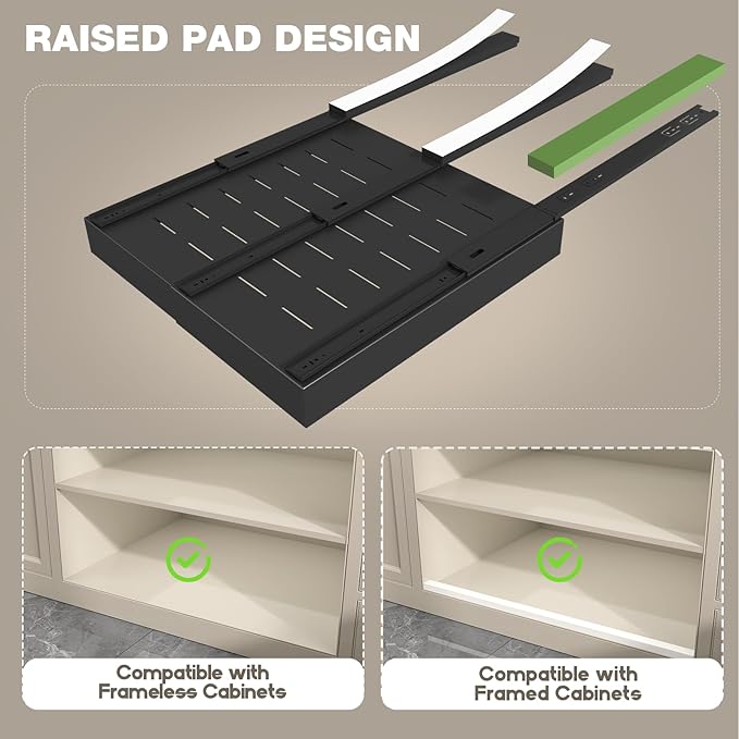 Seinloes 2 Pack Pull Out Cabinet Organizer 22" Deep,Full Extension 3 Slide Rails Slide Out Drawers With Raising Pad for Framed Cabinets,Expandable Width (12.3"-20.5"),No Drill Roll Out shelf,Black