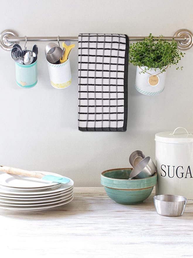 Urban Villa Kitchen Towels Black/White Set of 3 Terry Kitchen Towels 100% Cotton Ultra Soft Size 20X30 Inches Highly Absorbent Over Sized KitchenTowels with Hanging Loop KitchenTowels
