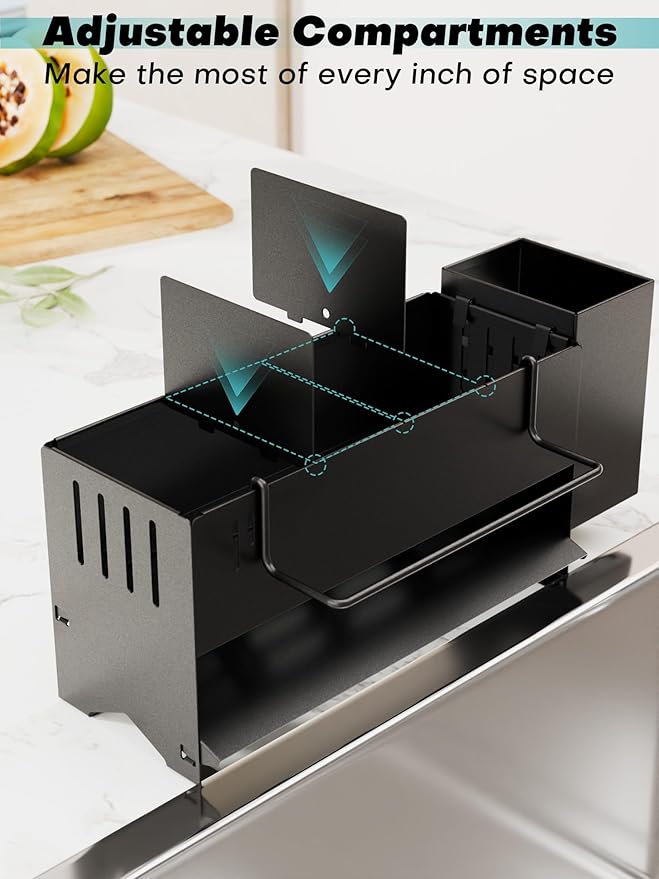 Kitchen Sink Caddy Organizer, Sponge Holder for Kitchen Sink with Upgraded Extra-Wide Drain Board, Efficient Drainage, Stainless Steel with Rust-Resistant Coating