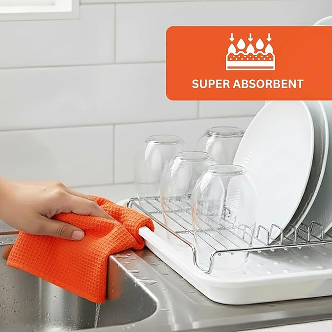PurpleEssences Waffle Weave Kitchen Towel, 100% Cotton - 15x25 Inches with Hanging Loop, Ultra Soft Absorbent Quick Drying Dish Cloth, Tea and Hand Towels, 6 Pack - Spring Easter Summer - Orange
