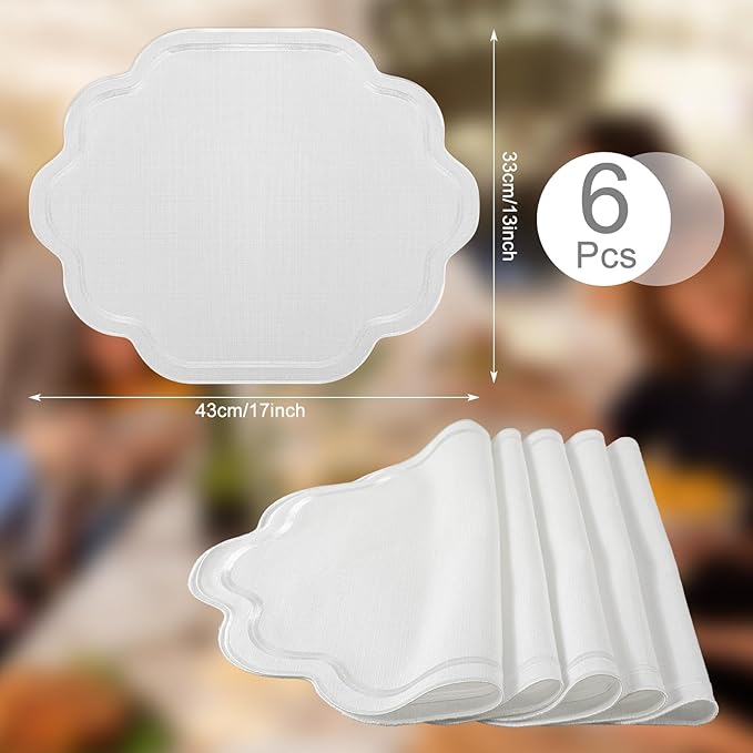 Breling 6 Pcs Wedding Placemats Scalloped Embroidered Cotton Linen Placemats 17" x 13" Double Layered Machine Washable Table Place Mat for Party Table Decor (White)
