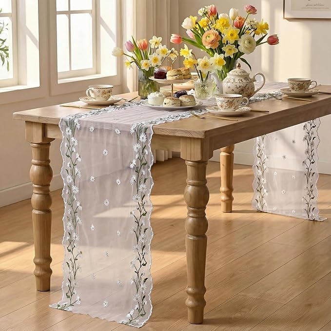 Artoid Mode Daisy Floral Light Pink Shaped Gauze Embroidery Table Runner 120 Inch 10FT, Tulle Spring Summer Kitchen Dining Table Decor for Home Party