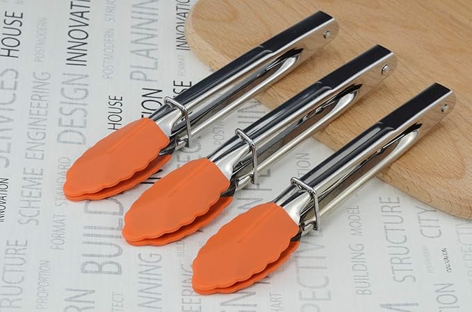 HINMAY Appetizer Tongs 7-Inch Silicone Tipped Kitchen Tongs, Set of 3 (Orange)