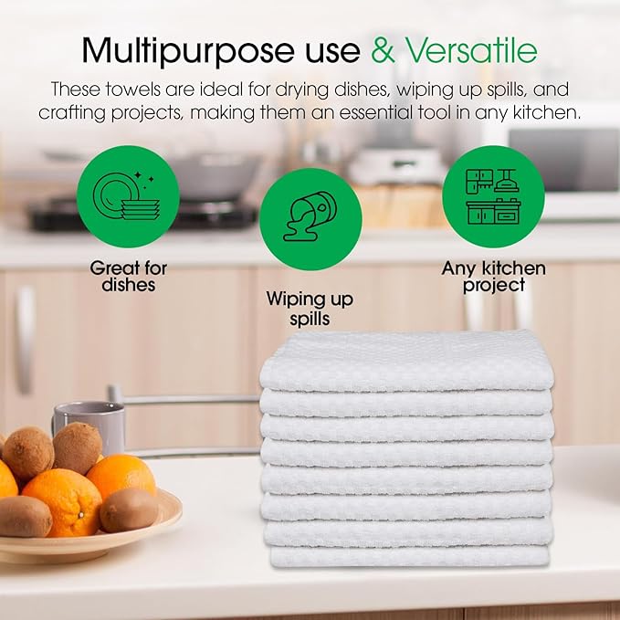 DG Collections Premium Dish Towels for Kitchen, 8 Pack, 15x25 Inch - 100% Cotton Kitchen Towels with Hanging Loop, Highly Absorbent, 400 GSM Bar Mop Cleaning Towels - White