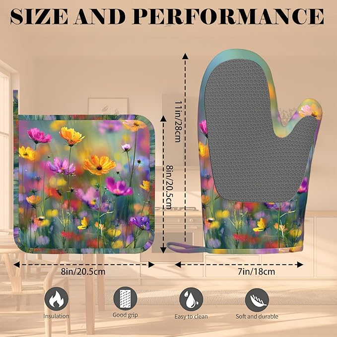Retro Colorful Flowers Oven Mitts and Pot Holders Sets Boho Floral Non-Slip Silicone Surface for BBQ Gloves,Kitchen,Cooking,Baking,Grilling