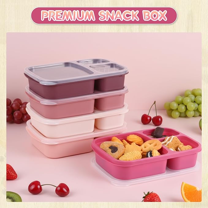 Honeydak 5 Pack Snack Containers 3 Compartment Bento Snack Boxes Divided Meal Prep Containers with Lids Reusable Adults Lunch Food Storage Box for School Work Travel(Rose Purple)