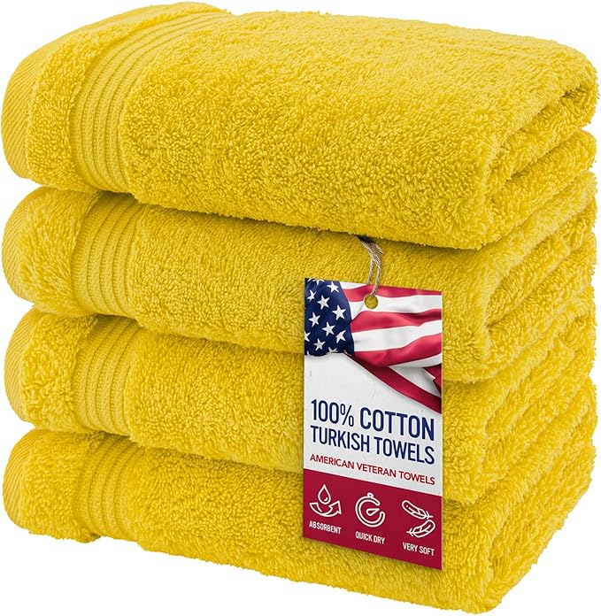 American Veteran Towel, Hand Towels for Bathroom Set of 4, 100% Cotton Turkish Hand Towel Sets, Soft Hand Face Towels, Yellow Hand Towels