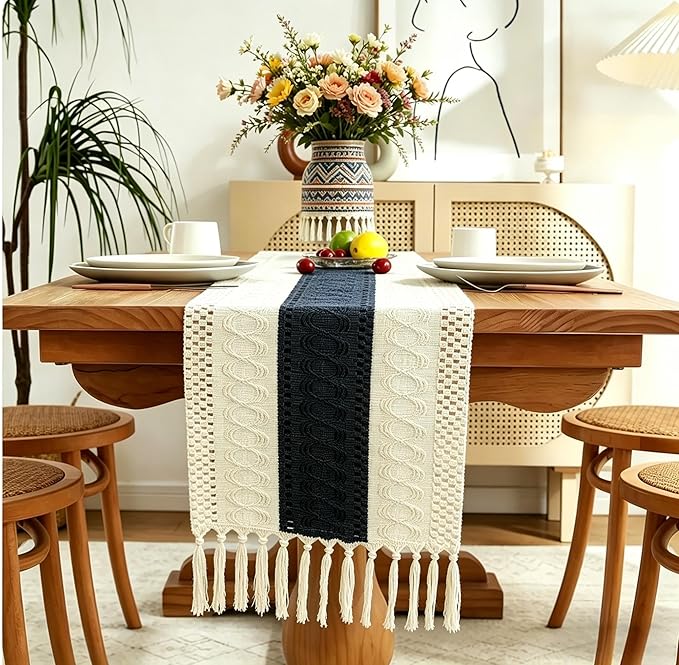 Boho Table Runner for Home Decor with Tassels 72 Inches Long , Farmhouse Rustic Black Table Runners for Bohemian Kitchen Dining Table(12x72in)