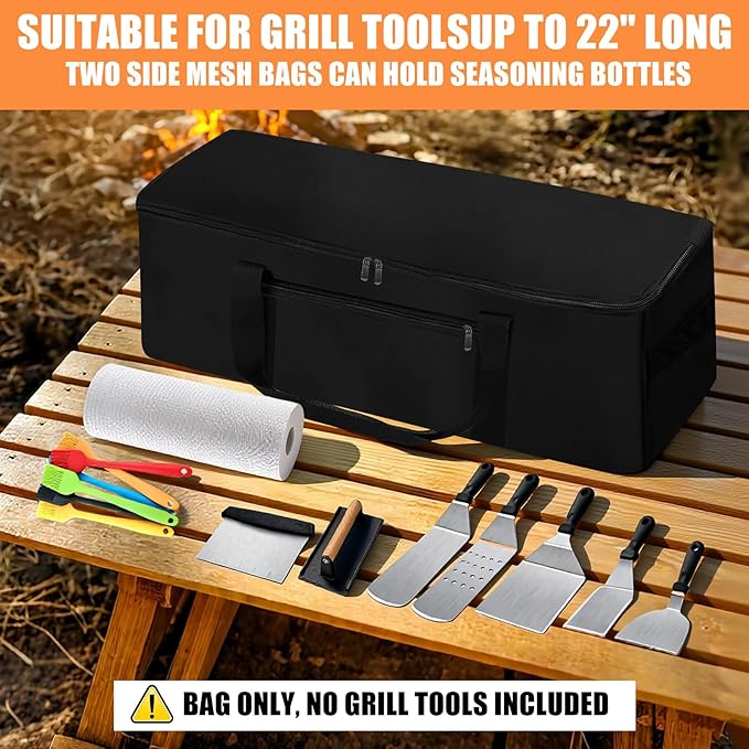 Grill Tool Storage Bag, Outdoor BBQ Utensil Storage with Pockets for BBQ Tools up to 22", Large Grilling Utensil Holder Storage Caddy, Barbecue Tool Sets Case for Camping Picnic,Bag Only,Black