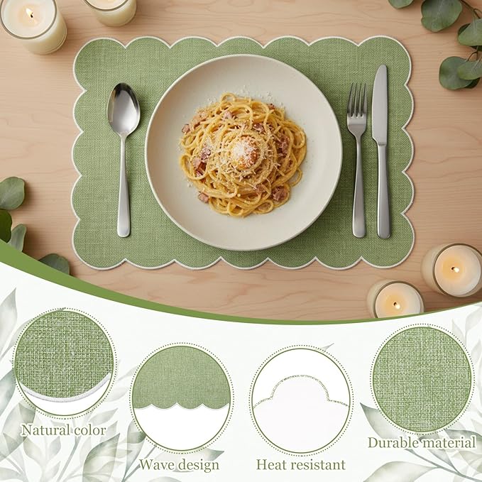 LemonRoad 8 Pcs Boho Linen Placemats Set 13" x 19" Elegant Scalloped Double Layered Placemats Farmhouse Washable Rustic Dining Table Decorations for Kitchen Wedding Banquet (Sage Green,White)