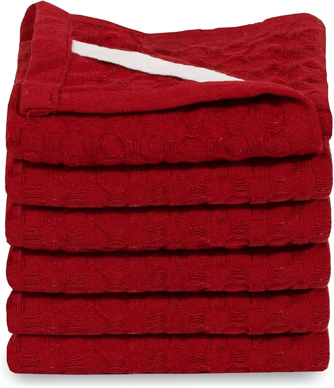 WHITEWRAP Premium Cotton Big Waffle Weave Kitchen Dish Cloths, 12x12 Inch Ultra Absorbent Lint-Free Dish Towels, Fast Drying Dishcloths for Washing Dishes, 6 Pack, Red