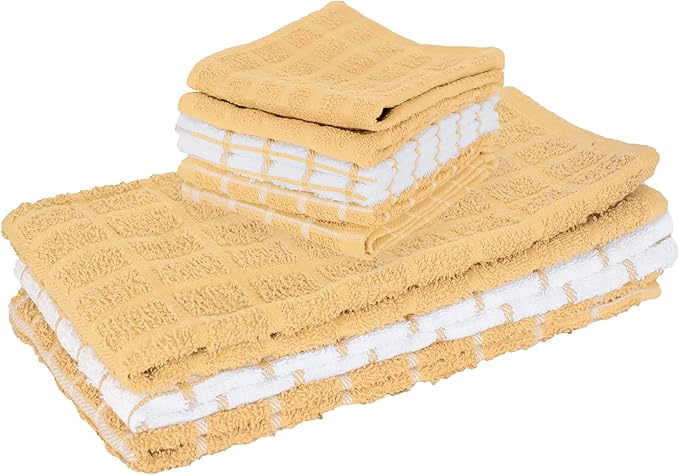 Ritz Premium 3-Pack Kitchen Towel & 6-Pack Dish Cloth Set - Highly Absorbent, Super Soft, Long-Lasting, 100% Cotton Terry Drying Cleaning Cloths, Straw
