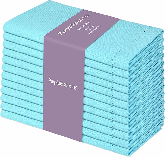 PurpleEssences Set of 12 Hemstitch Cloth Dinner Napkins 100% Cotton - Soft Durable Washable - Ideal for Wedding Spring Easter Summer - Perfect Everyday Use Table Linen 18x18 - Aqua Blue