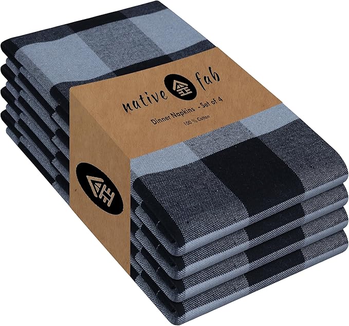 Native Fab Buffalo Check Set of 4 Cloth Dinner Napkins 16x16 inches Soft, Absorbent, Cotton Napkins - Reusable Everyday Use Fabric Napkins - Black and Grey