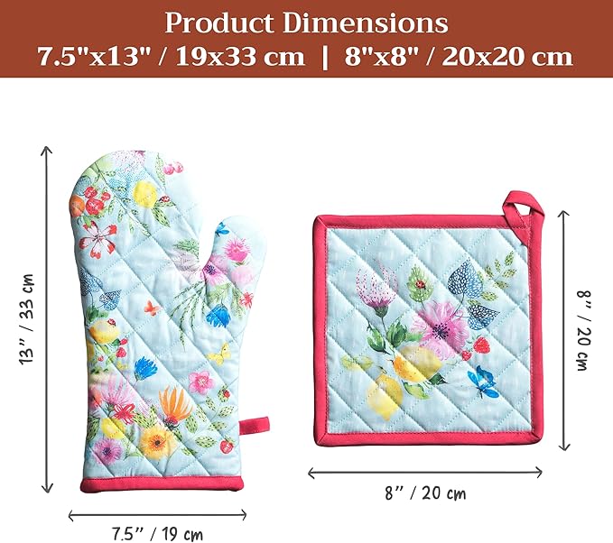 Maison d' Hermine 100% Cotton Oven Mitt & Pot Holder Set (7.5"x13" & 8"x8") Heat Resistant BBQ Cooking Gloves with Loop Grilling Kitchen Gifts for Mothers Day Spring/Summer (Jardin D'Ete - Mint)