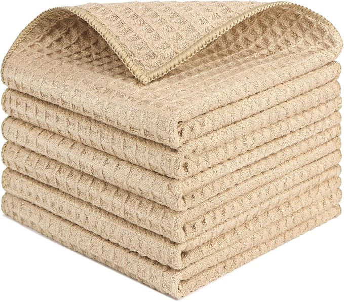 HOMEXCEL Waffle Weave Microfiber Cleaning Cloth, 6 Pack Highly Absorbent Cleaning Rag for Household, Reusable Kitchen Towels, Scratch-Free Stainless Steel Wipes, 12 x 12 Inches, Brown