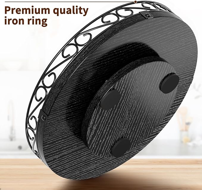 Yoobure 10" Lazy Susan Turntable for Cabinet - Farmhouse Wooden Round Tray for Table Top, 360° Rotating Lazy Susans Counter Organizer with Patterned Raised Edge for Kitchen Dining Table Decor, Black