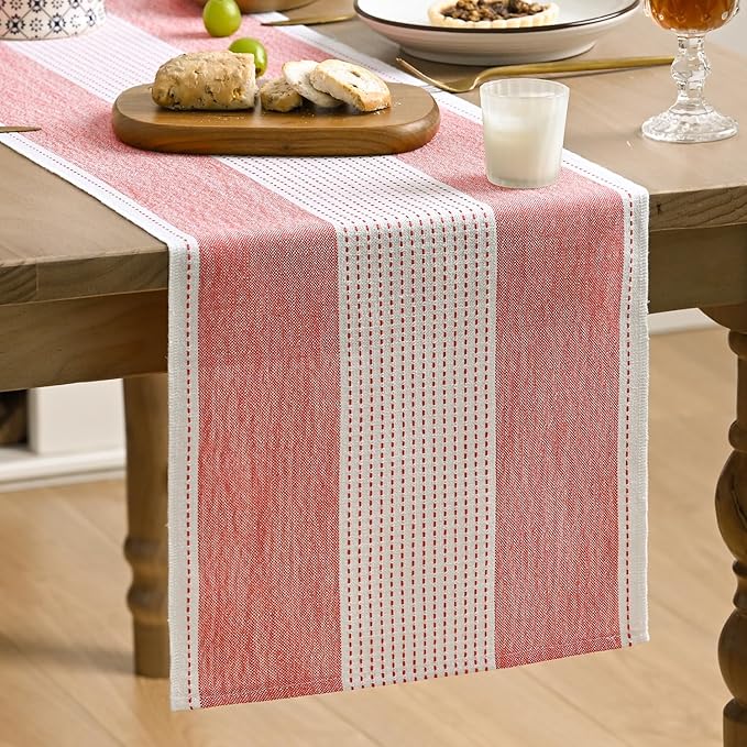 Artoid Mode Red Farmhouse Rustic Table Runner, Seasonal Macrame Fabric Kitchen Dining Holiday Wedding Table Decor for Home Party 13x36 Inch