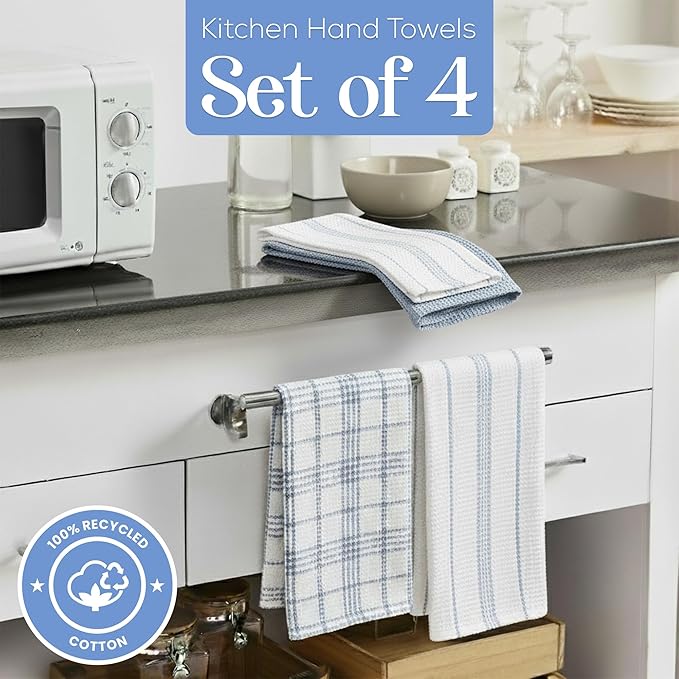 MosJos Kitchen Towels Set of 4 Dish Towels Blue n White Waffle Weave Cotton Hand Towels, 18 x 28 Absorbent Kitchen Linens