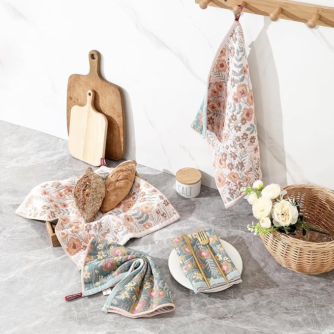 Kitchen Dish Towels for Drying 100% Cotton Set of 4, Ultra Absorbent Quick Drying Thick Reusable Cleaning Decorative Tea Towels with Hanging Loop,Reversible Boho Pretty Hand Towels,Floral