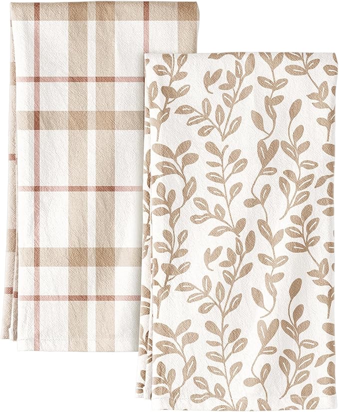 Miss Adola 2pcs Flour Sack Kitchen Towels - 18"x 26" Cotton Kitchen Hand Towels with Hanging Loop Reusable Geometric Beige Plaid Floral Tea Towel Absorbent Dishcloths Home Decor, Botanical Floral