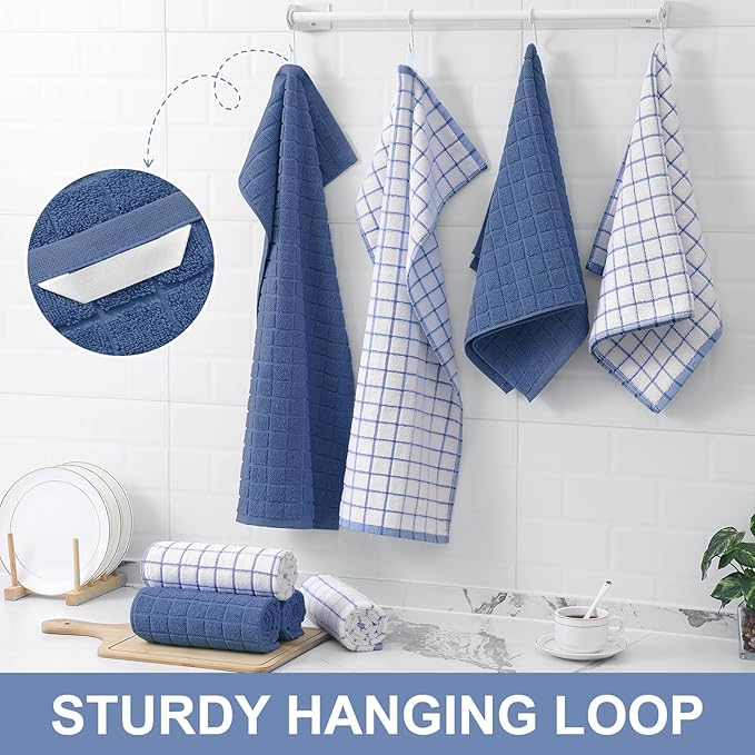 Homaxy Premium Cotton Kitchen Towels 16"x 28", Large Natural Ring Spun 390 GSM Dish Towels, Super Absorbent Terry Kitchen Hand Towels, Soft Tea Towels with Hanging Loop, Navy Blue Check, 12 Pack