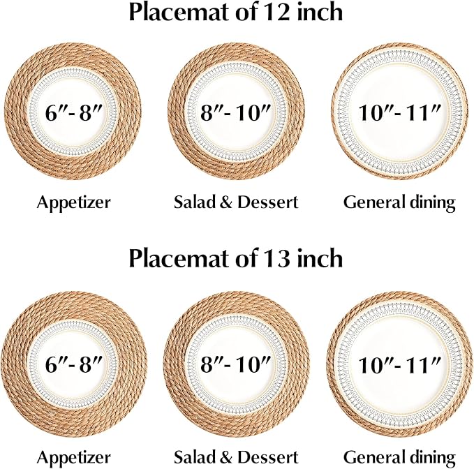 Round Woven Placemats 12 inch Set of 10 - Boho Rattan Placemats Natural Water Hyacinth Placemat, Farmhouse Weave Place Mats, Rustic Braided Wicker Table Mats for Dining Table,Home,Wedding