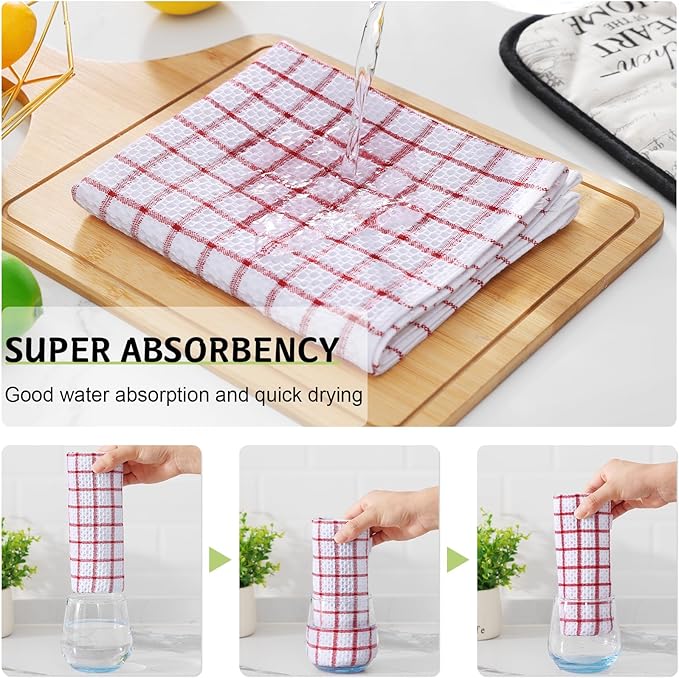 Homaxy 100% Cotton Kitchen Towels 4 Pack-15 X 25 Inches, Check Design Waffle Weave Hand Tea Towels, Super Soft and Absorbent Dish Towel for Drying Dishes, Red
